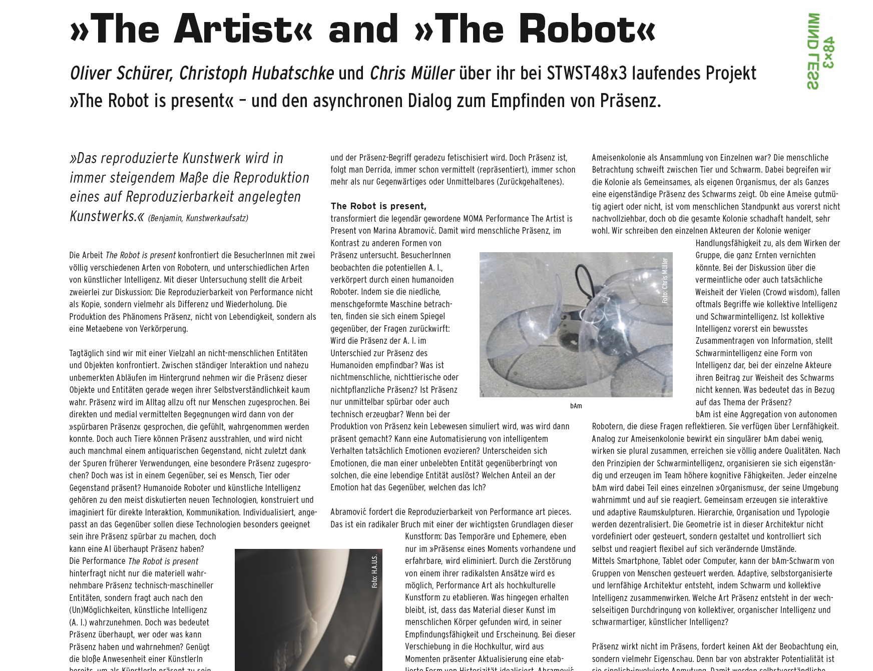 Article on concept of performance „The robot is present“ at the Ars Electronica 2017. An article published in „Versorgerin“, the magazine of Stadtwerkstatt Linz.
